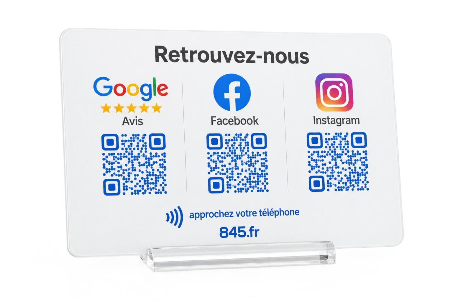 Plaque « Google · Facebook · Instagram » NFC + 3 QR